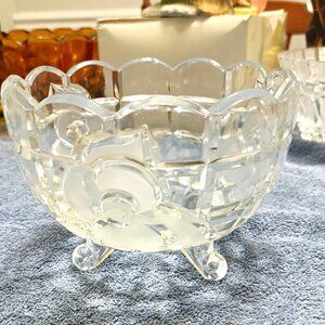 Vintage Footed Cut Crystal Bowl. Etched Frosted Flowers. 5.5" X 4" Tall